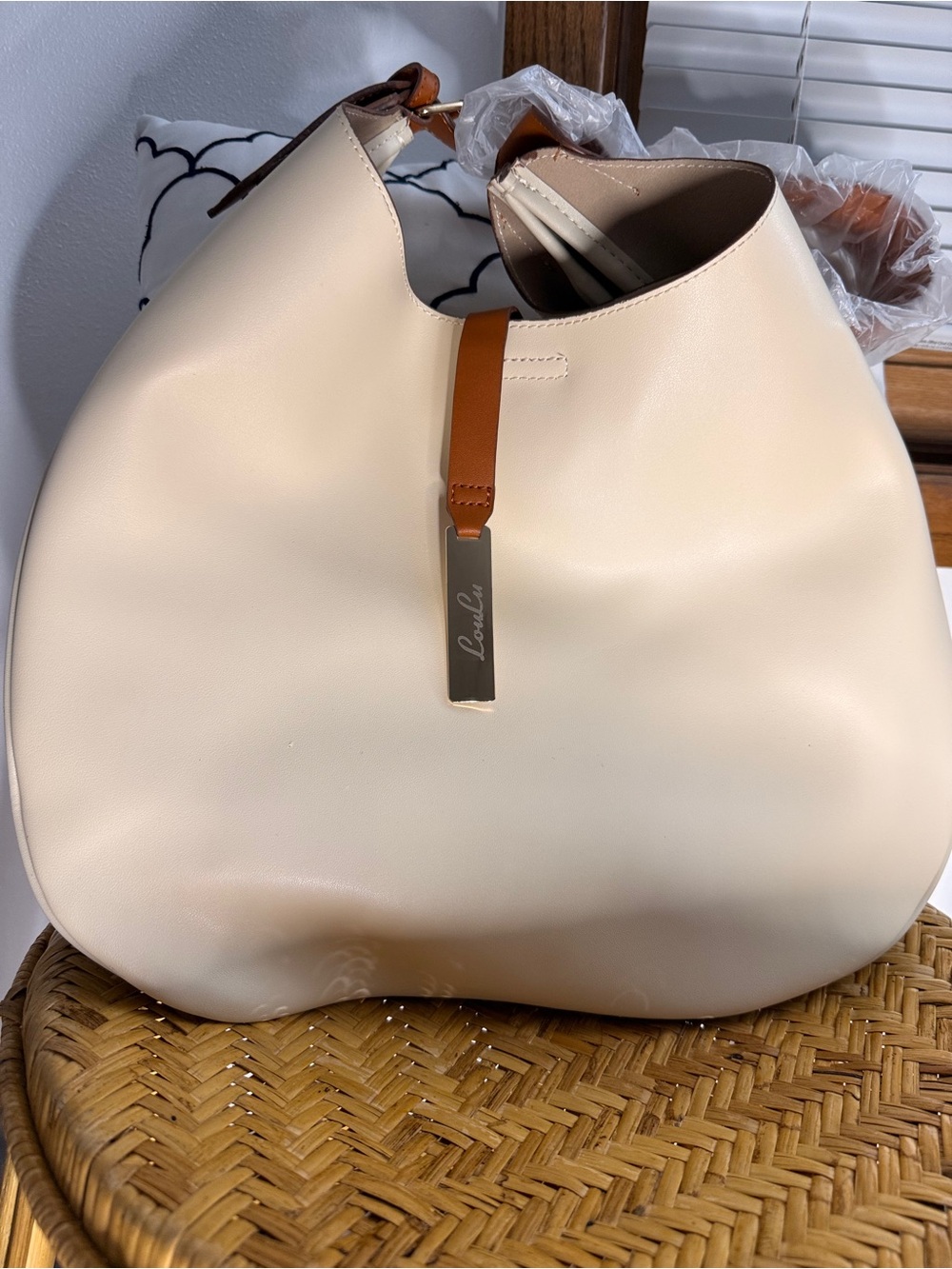 Cream Shoulder Hobo Bag with Tan Trim
